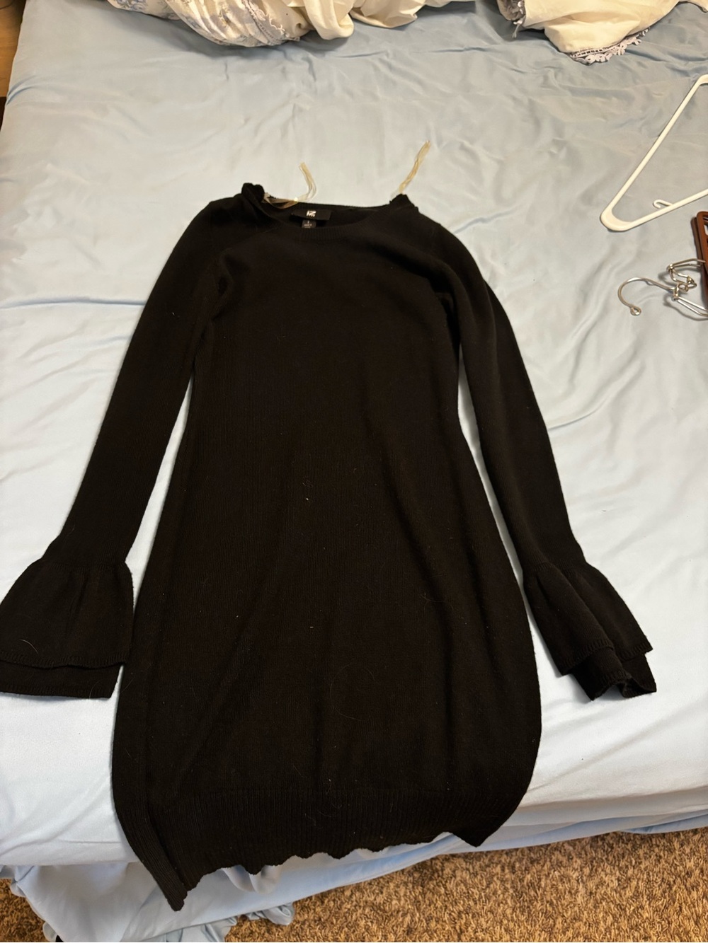 Black Long-Sleeve Knit Dress with Bell Cuffs